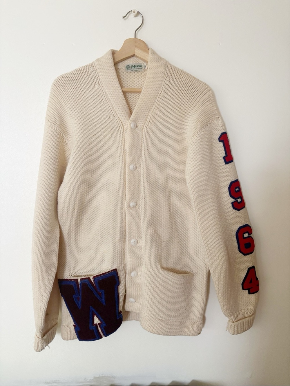 Vtg 1964 Wool Letterman Cardigan Hanson Cream Chunky Knit Varsity W 40 Small